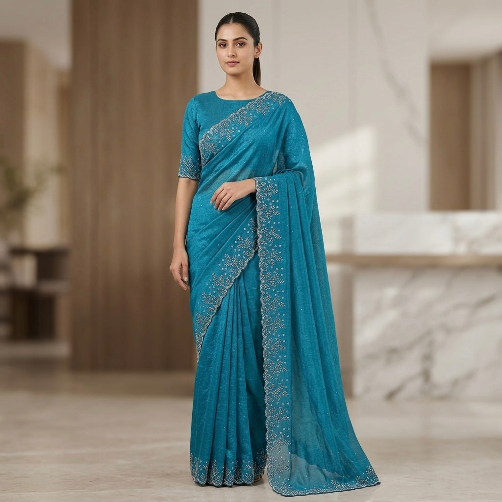 Floral  stone work Space silk saree- Teal Blue