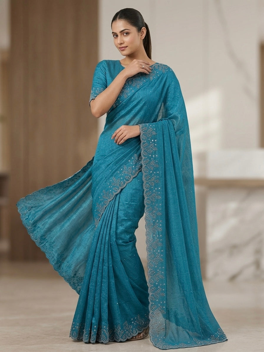 Floral  stone work Space silk saree- Teal Blue