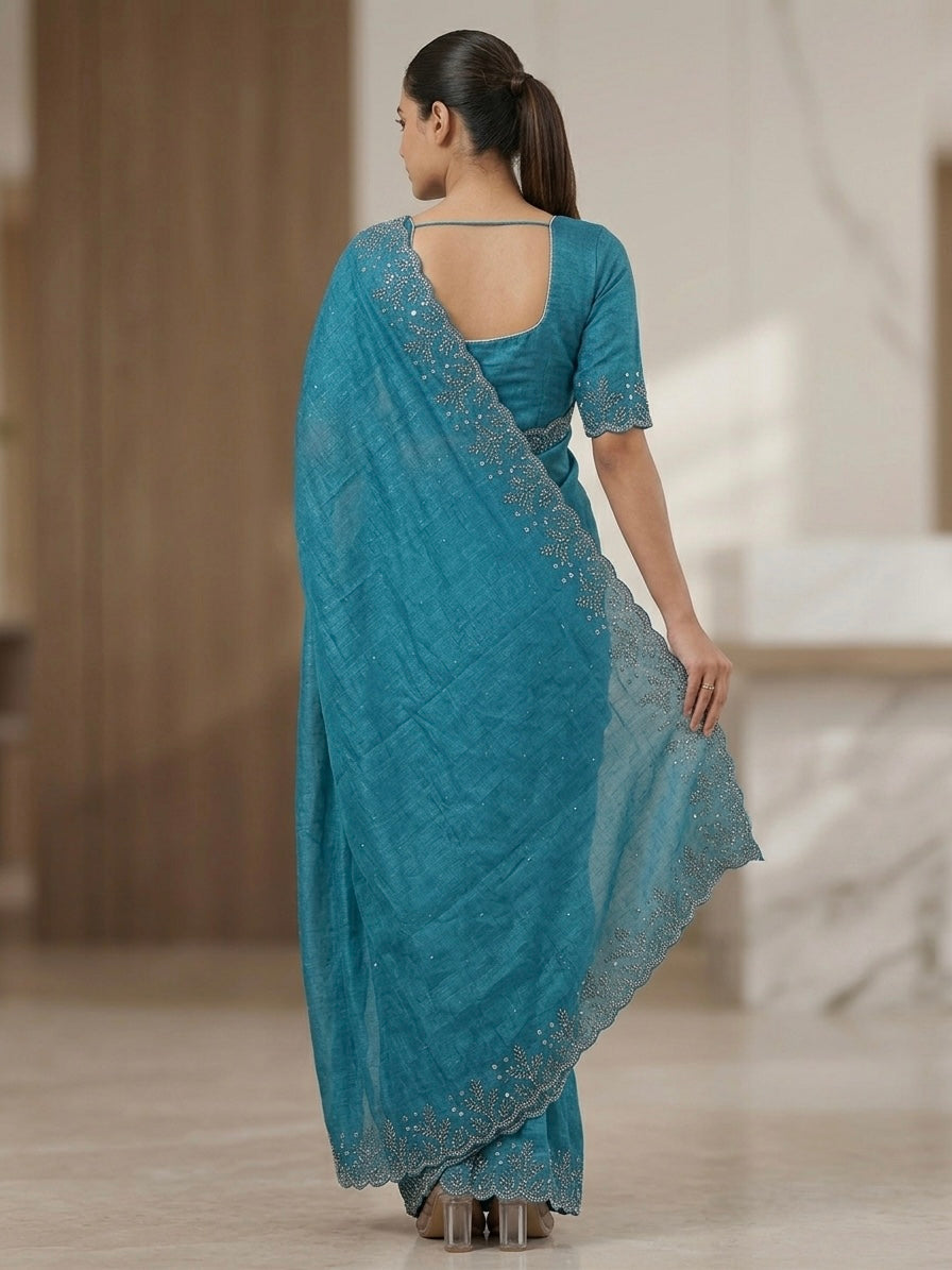 Floral  stone work Space silk saree- Teal Blue