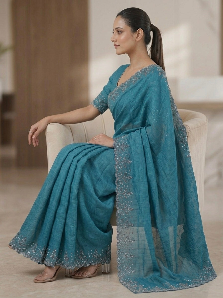 Floral  stone work Space silk saree- Teal Blue