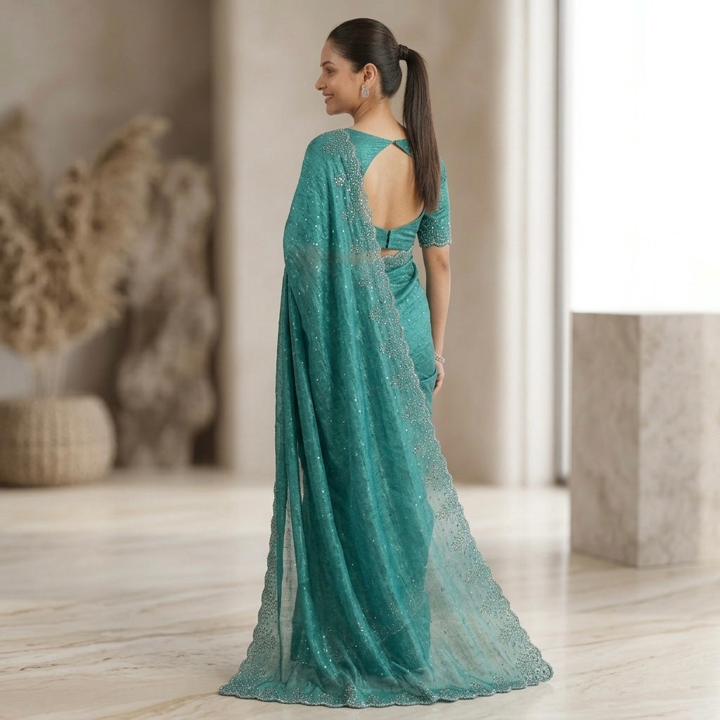 Floral stone work space silk saree