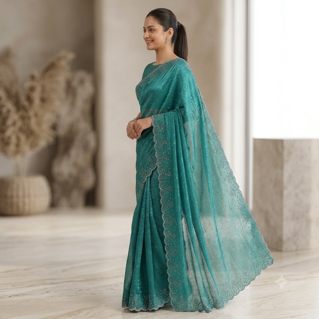 Floral stone work space silk saree