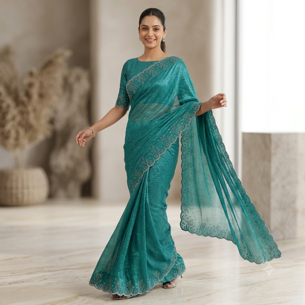 Floral stone work space silk saree