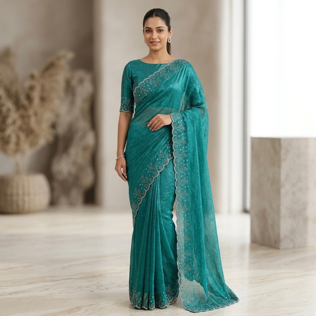 Floral stone work space silk saree