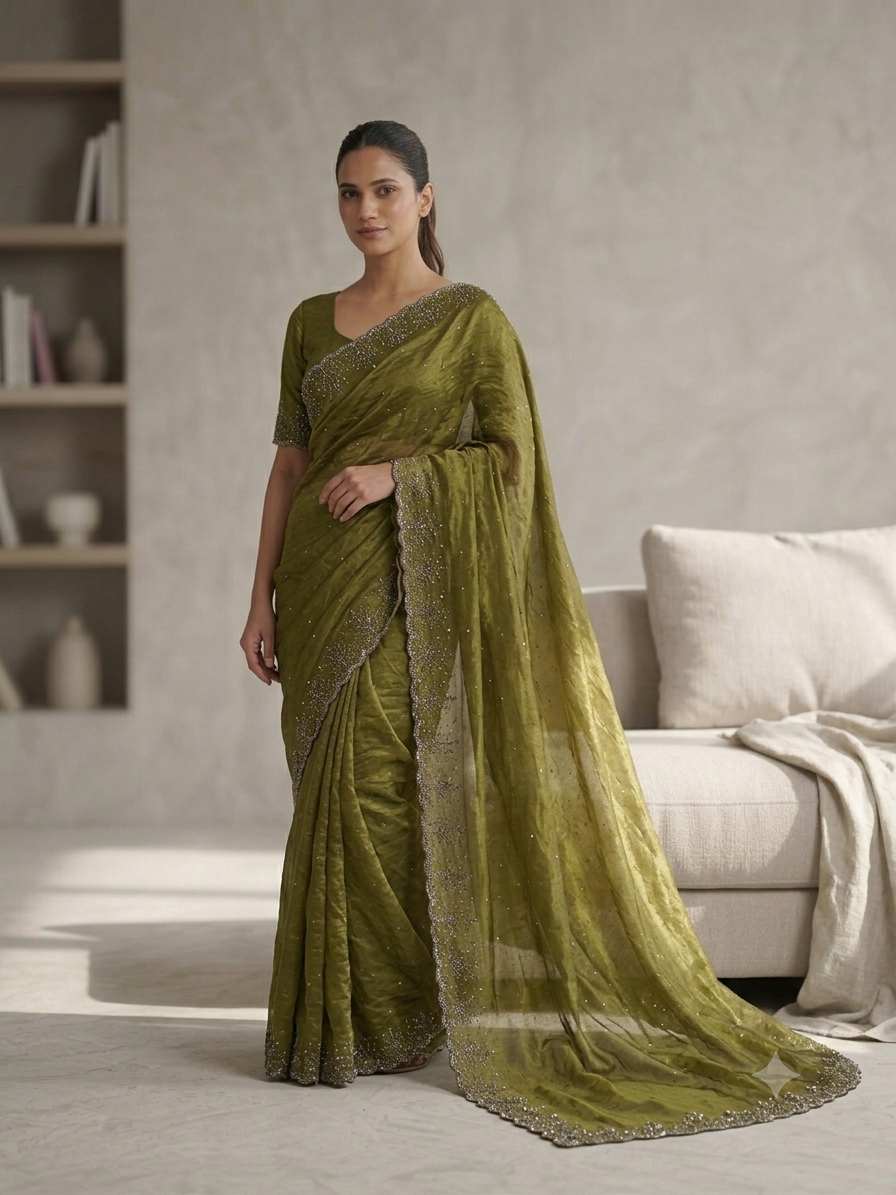 Floral stone work space silk saree - Olive Green