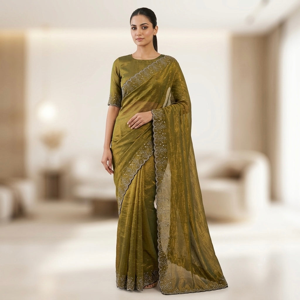 Floral stone work space silk saree - Olive Green