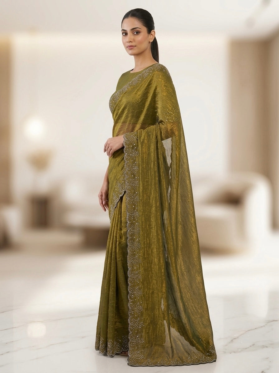 Floral stone work space silk saree - Olive Green