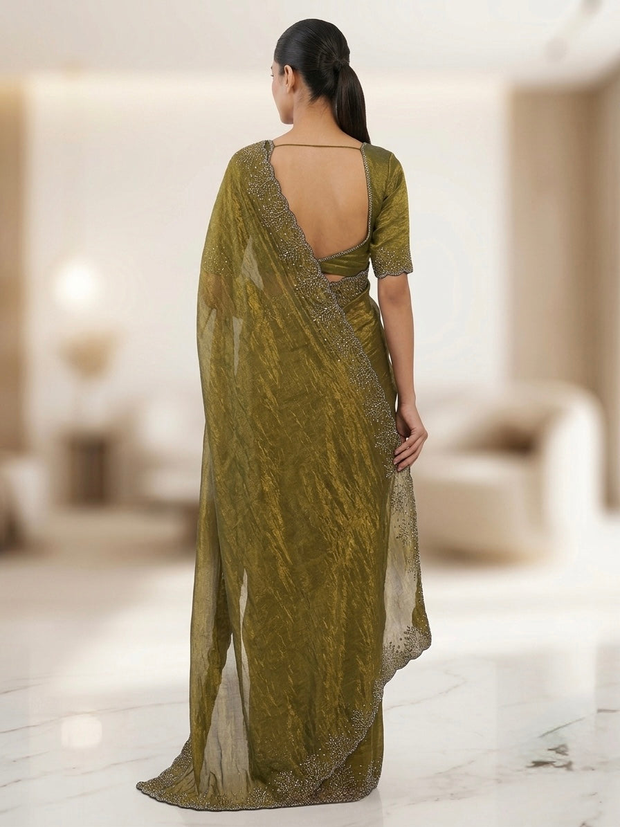 Floral stone work space silk saree - Olive Green