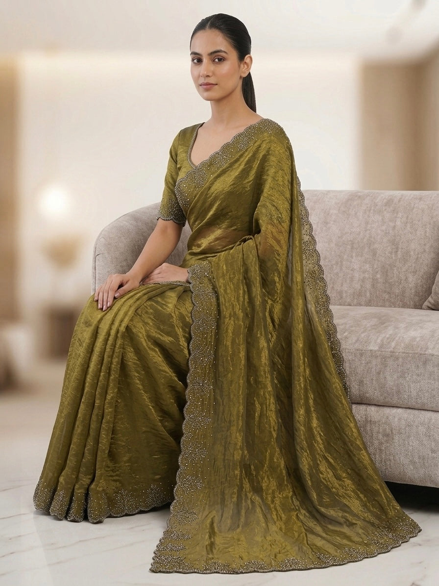 Floral stone work space silk saree - Olive Green