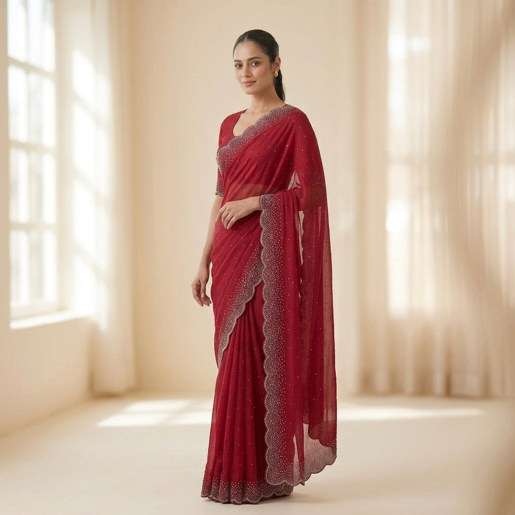 Heavy stone work space silk saree- red