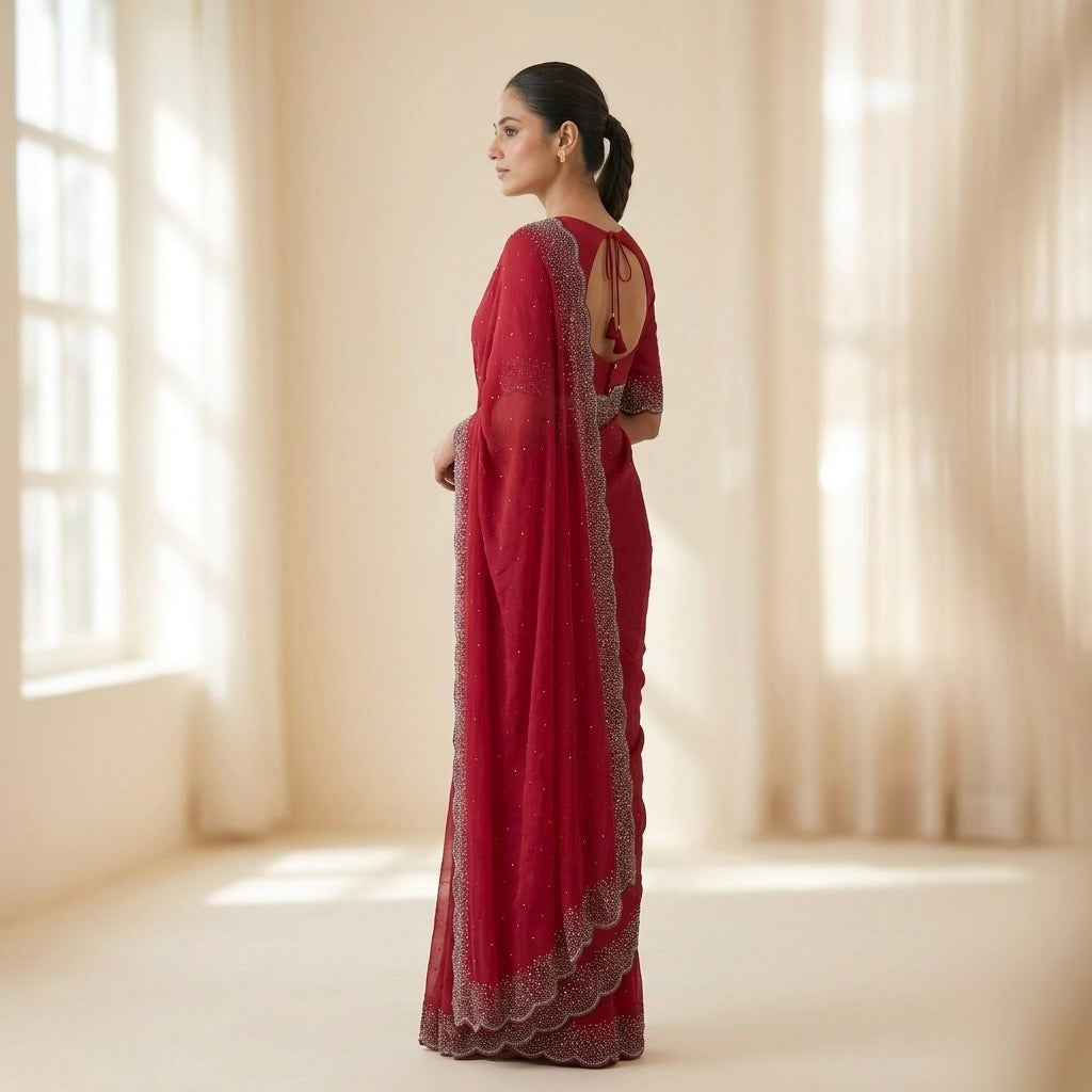 Heavy stone work space silk saree- red