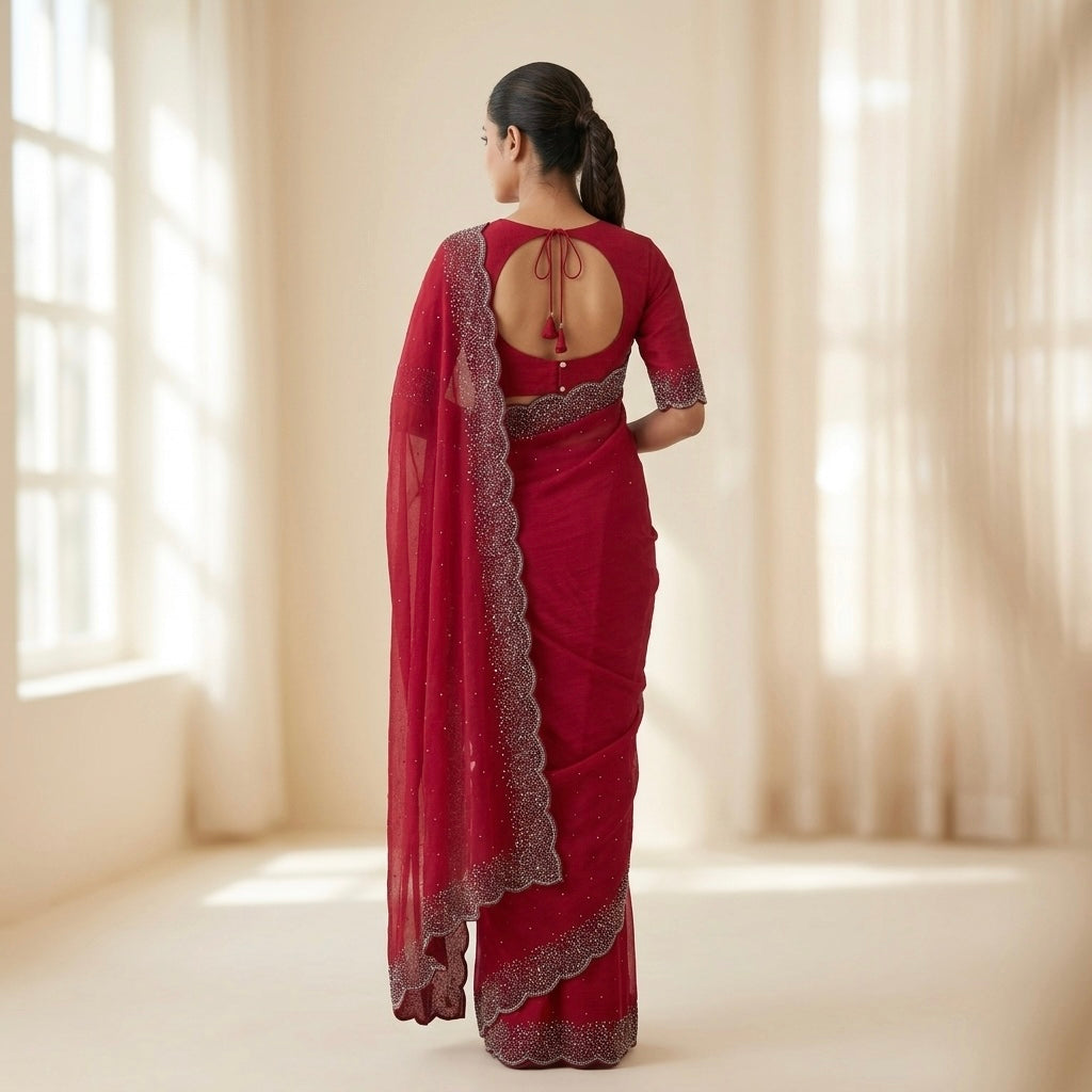 Heavy stone work space silk saree- red