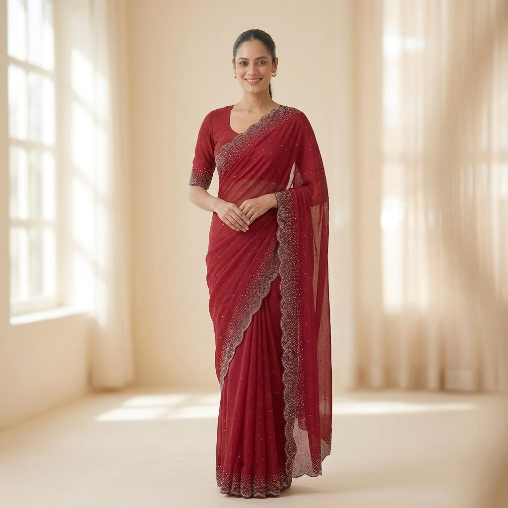 Heavy stone work space silk saree- red