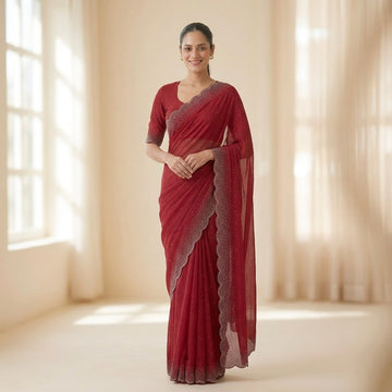 Heavy stone work space silk saree- red