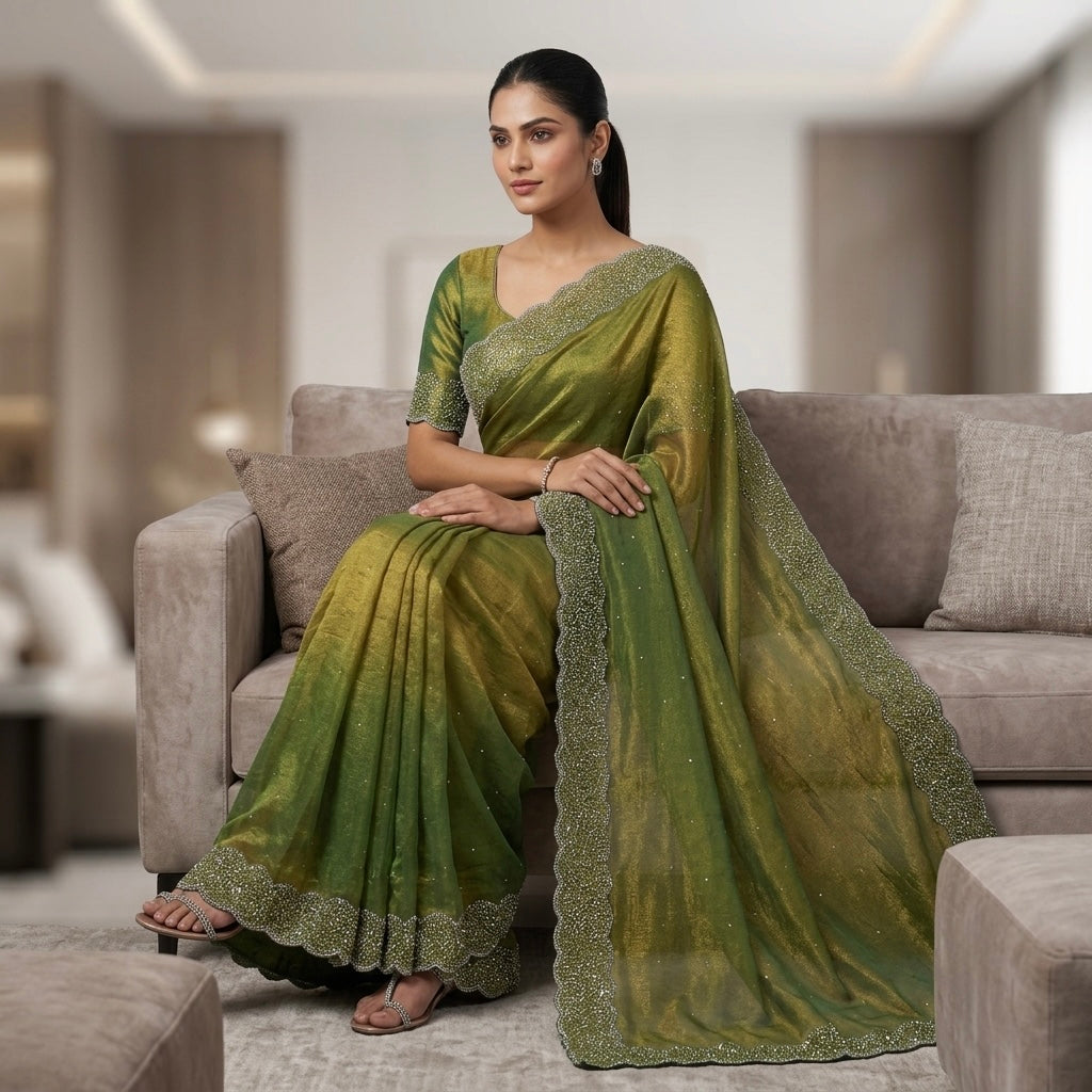 Heavy stone work space silk saree-olive. green