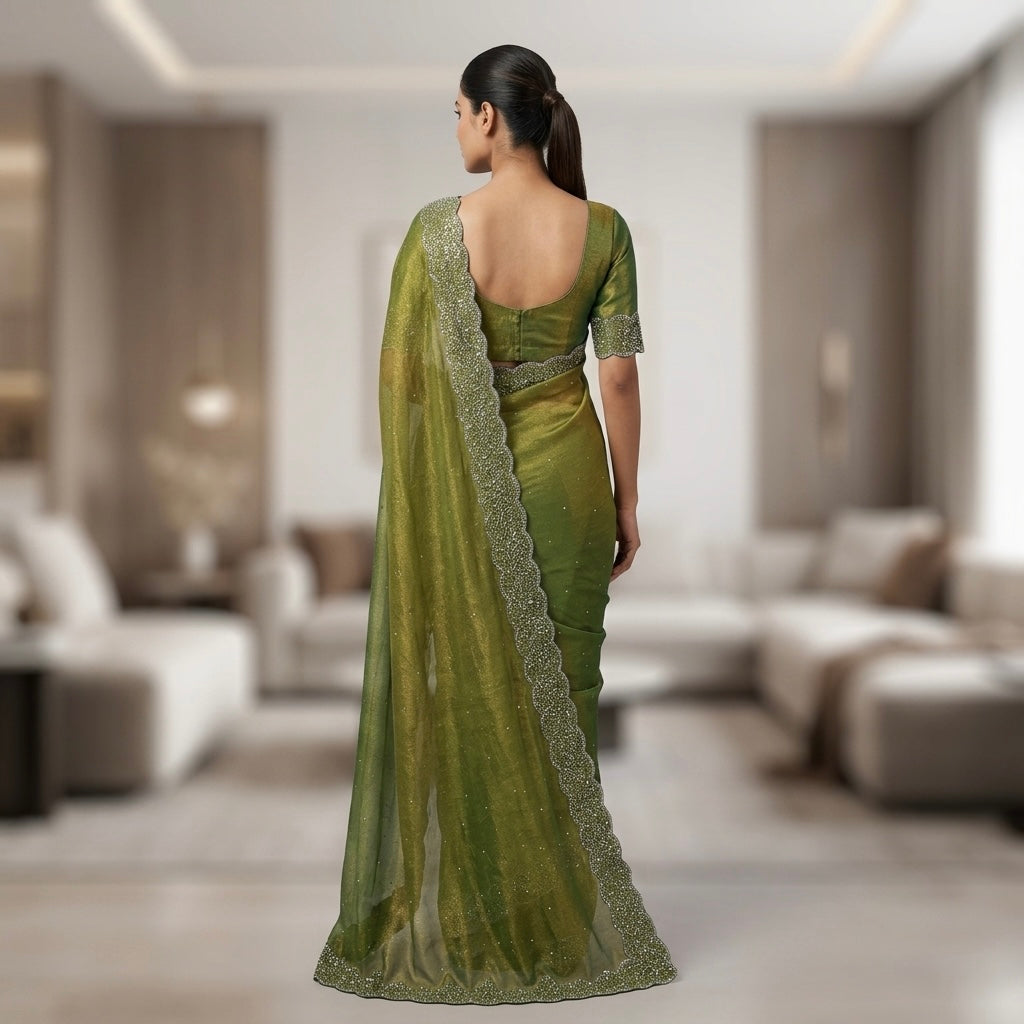 Heavy stone work space silk saree-olive. green