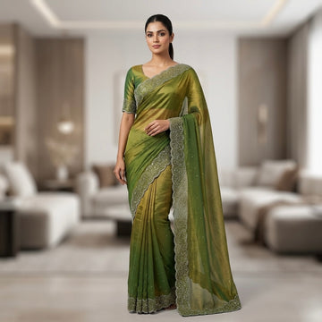 Heavy stone work space silk saree-olive. green
