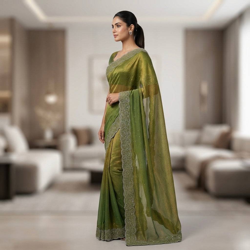 Heavy stone work space silk saree-olive. green
