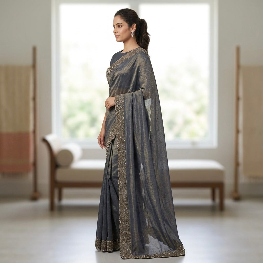 Heavy stone workSpace Silk Saree-gold charcoal grey