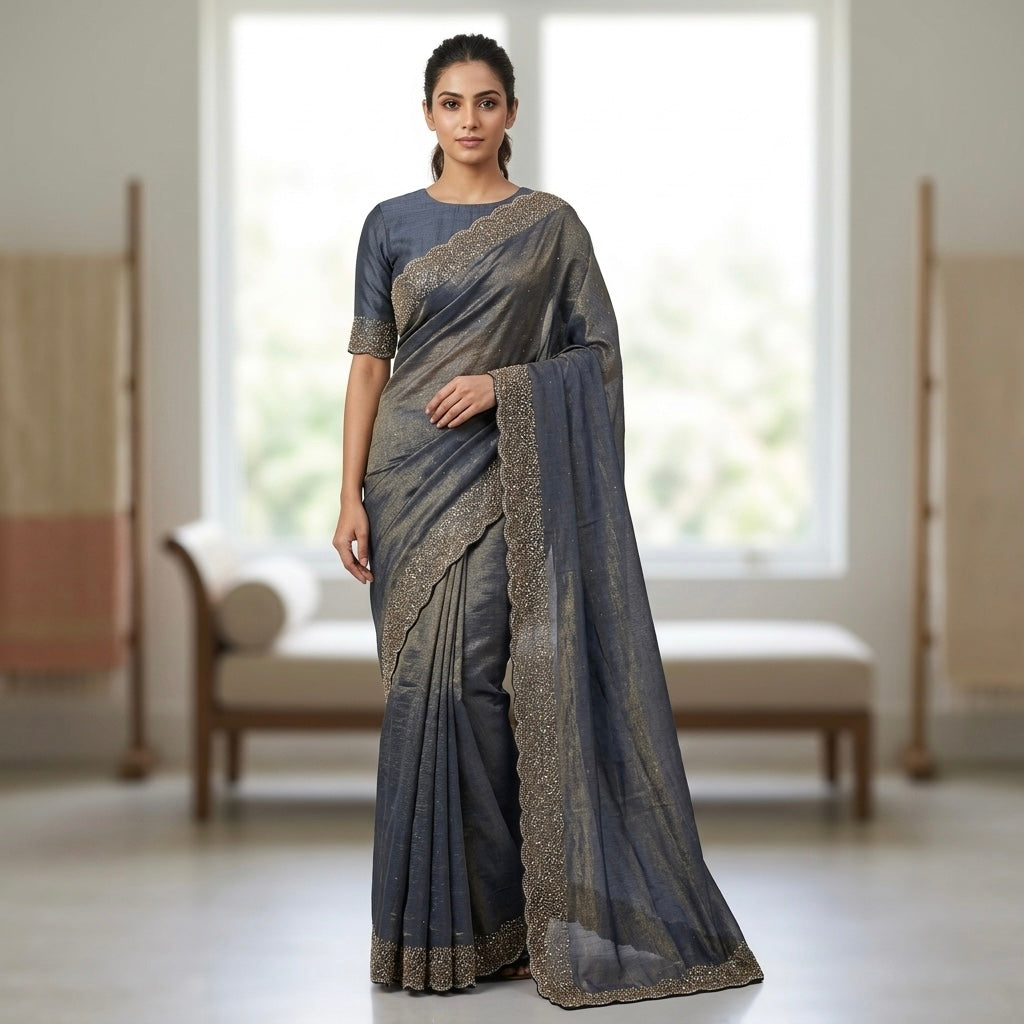 Heavy stone workSpace Silk Saree-gold charcoal grey