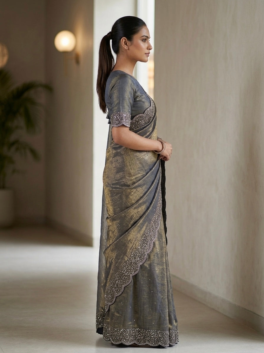 Heavy stone workSpace Silk Saree-gold charcoal grey