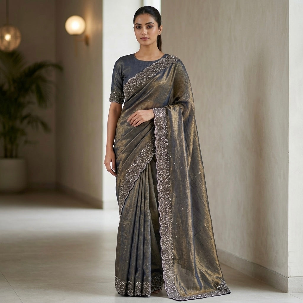 Heavy stone workSpace Silk Saree-gold charcoal grey