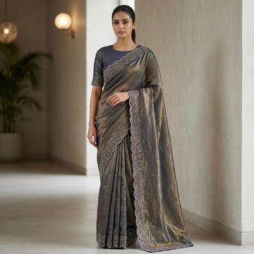 Heavy stone workSpace Silk Saree-gold charcoal grey
