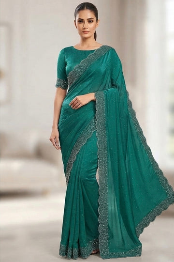 Heavy Stone work space silk saree -teal green