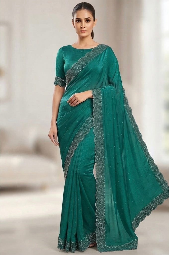 Heavy Stone work space silk saree -teal green