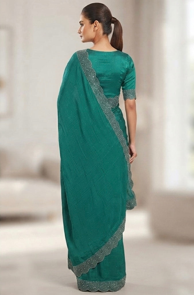 Heavy Stone work space silk saree -teal green