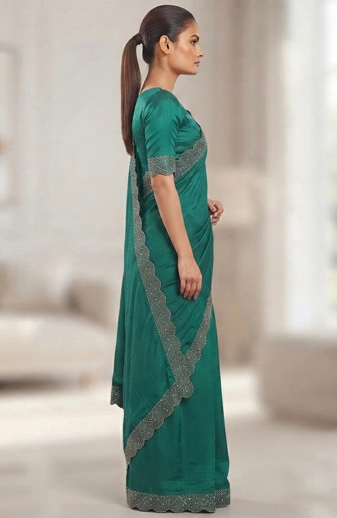 Heavy Stone work space silk saree -teal green