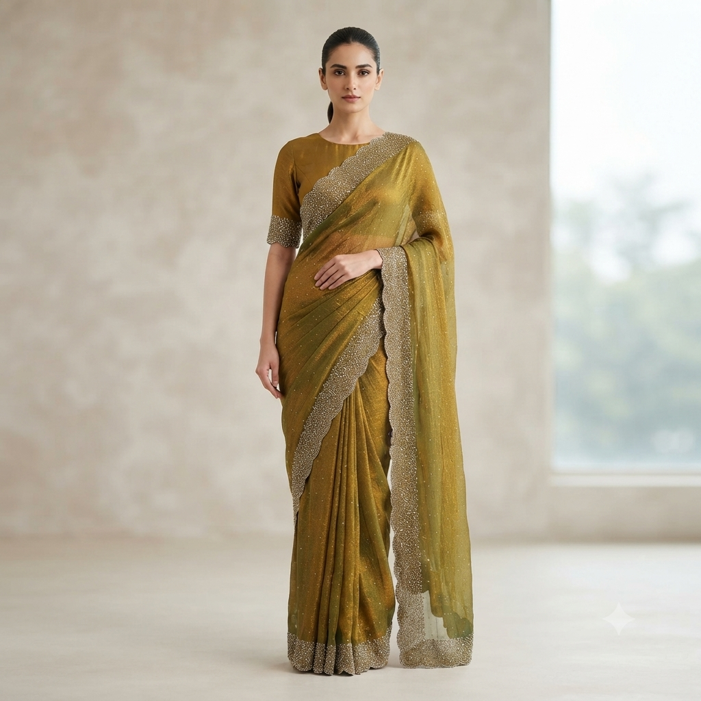 Heavy work border space silk saree- olive gold