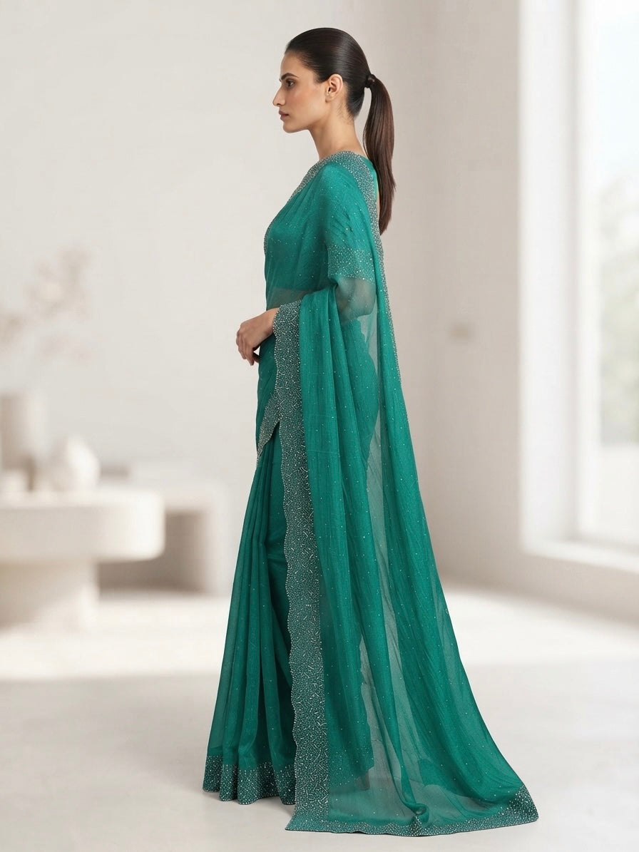 Heavy Stone work space silk saree -teal green