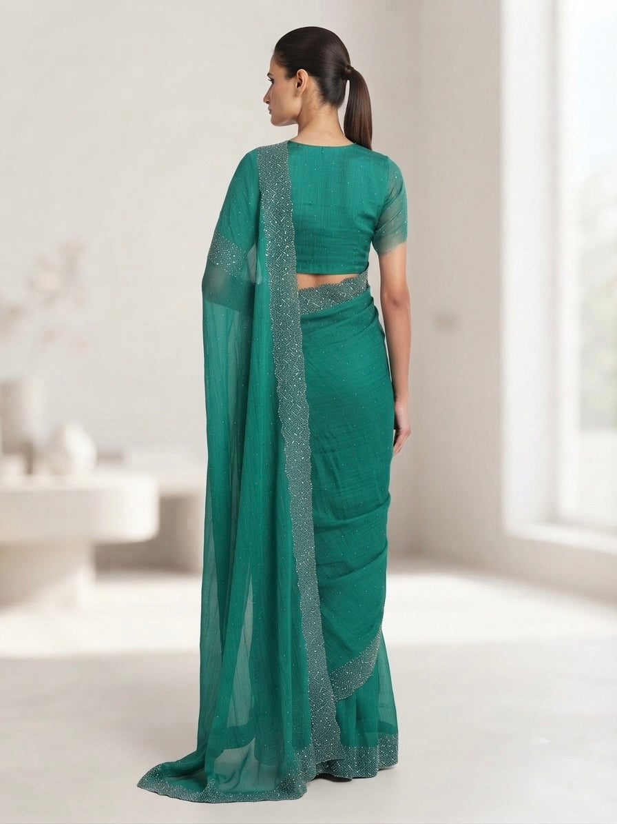 Heavy Stone work space silk saree -teal green