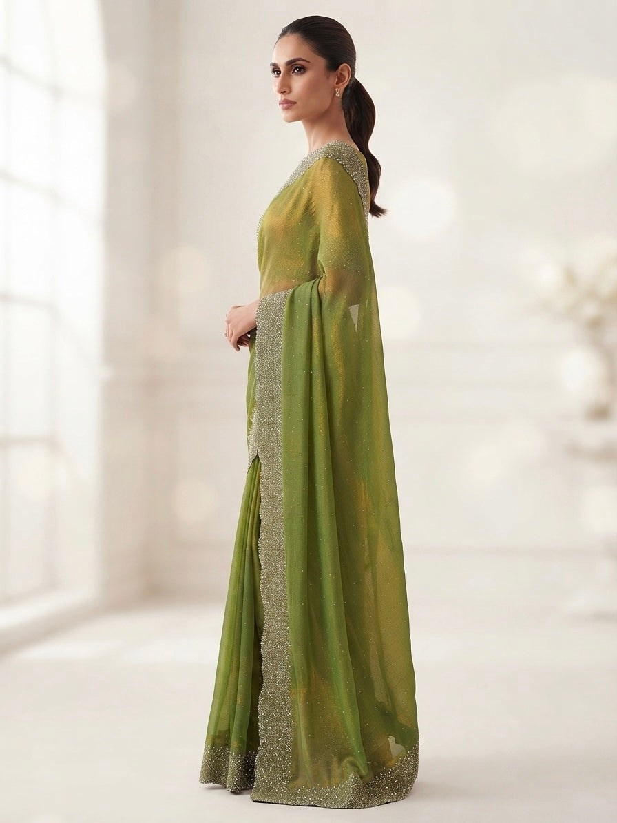 Heavy Stone Work Space silk saree-olive green