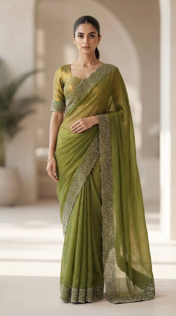 Heavy Stone Work Space silk saree-olive green