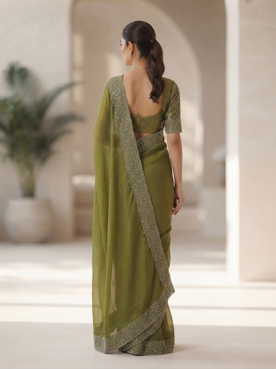 Heavy Stone Work Space silk saree-olive green