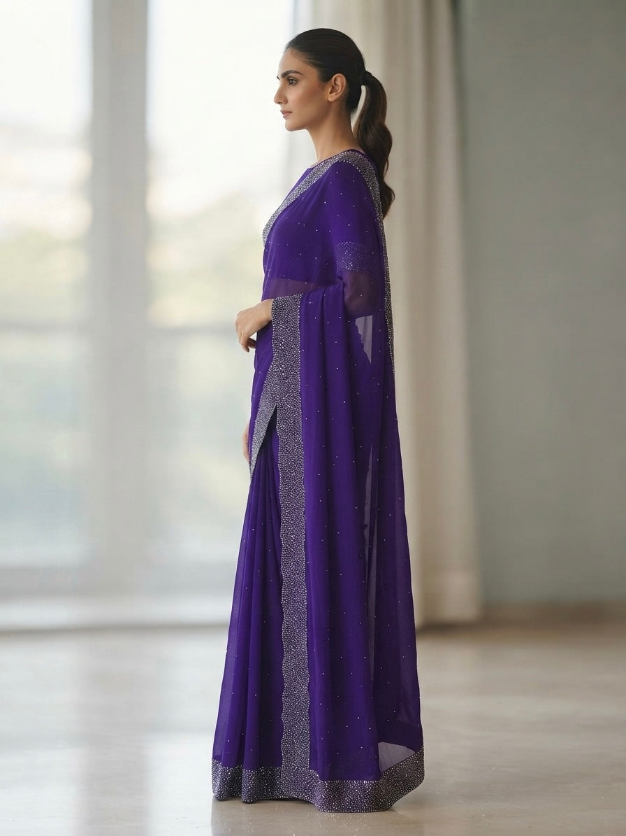 Heavy stone work  space silk saree -Royal purple