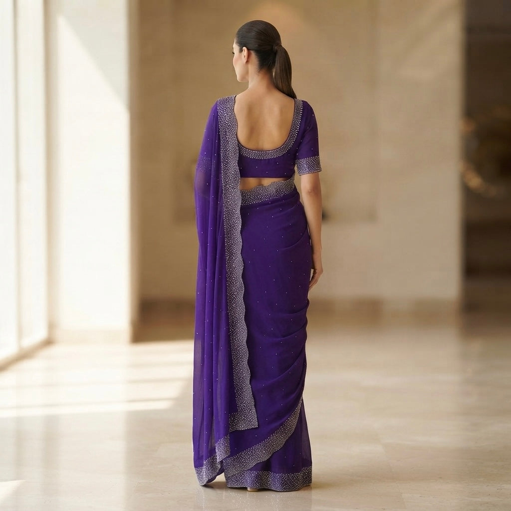 Heavy stone work  space silk saree -Royal purple