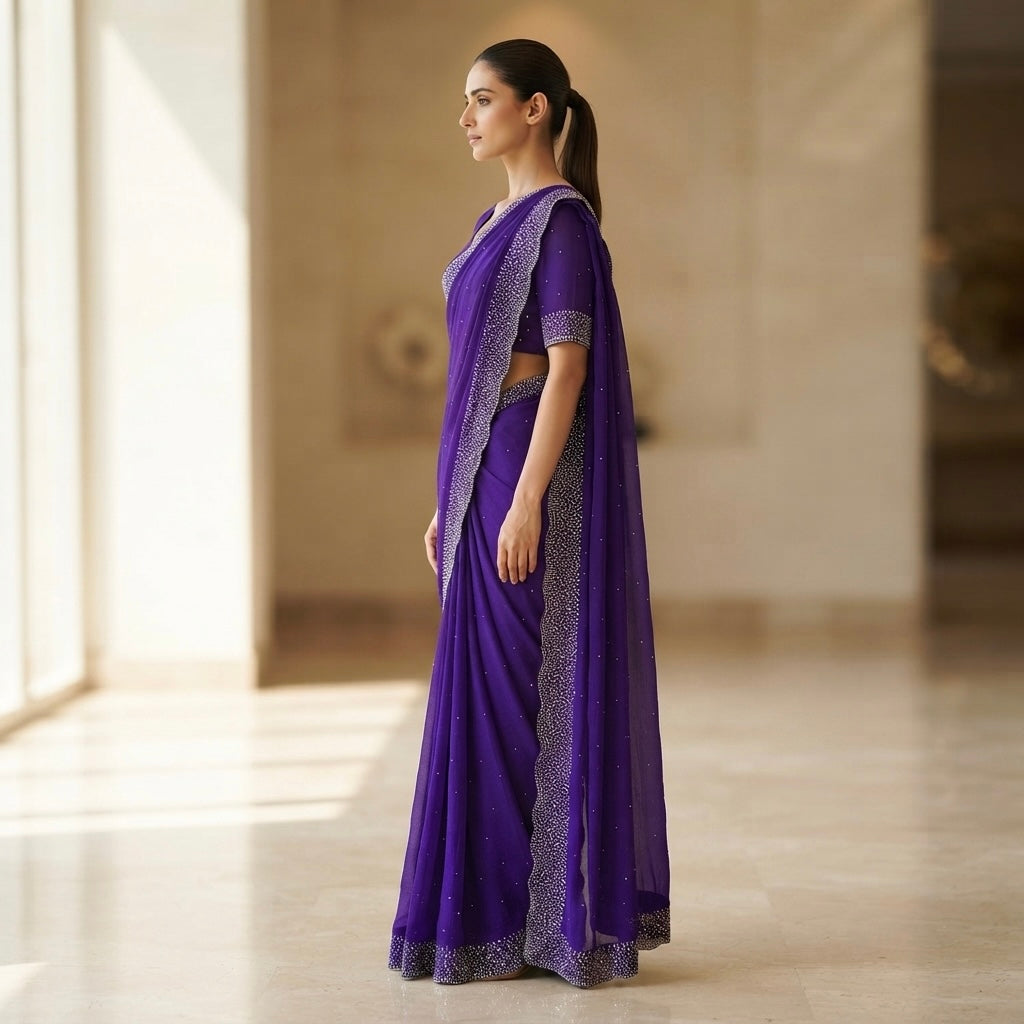 Heavy stone work  space silk saree -Royal purple