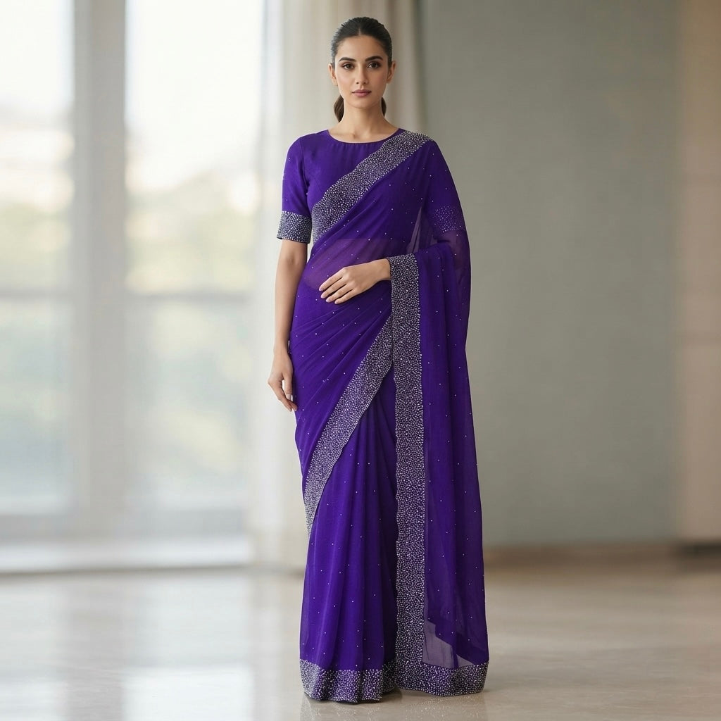 Heavy stone work  space silk saree -Royal purple