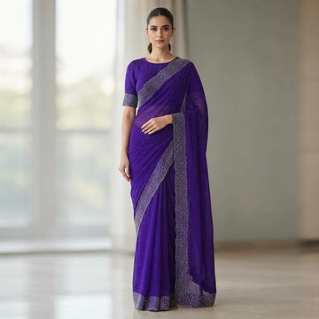 Heavy stone work  space silk saree -Royal purple