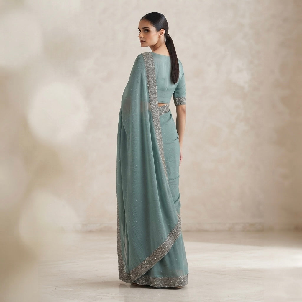 Heavy stone work space silk saree - ocean blue