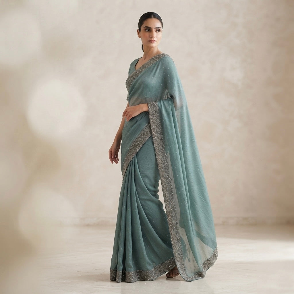 Heavy stone work space silk saree - ocean blue