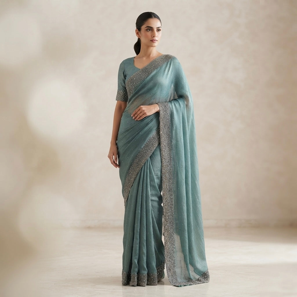 Heavy stone work space silk saree - ocean blue