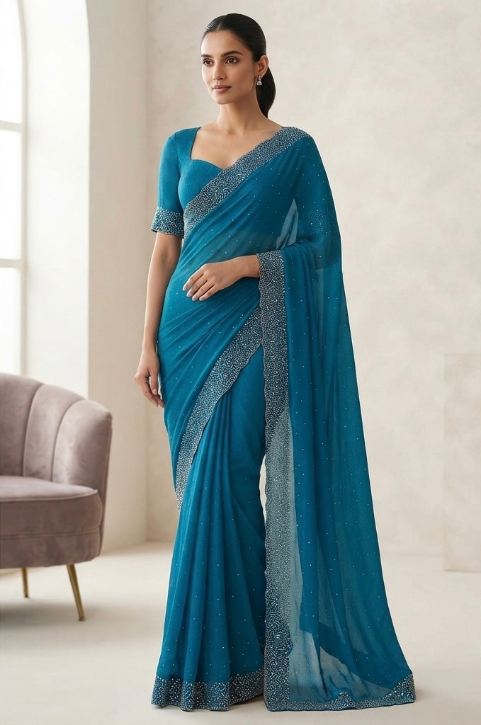 Heavy stone work space silk saree - teal blue