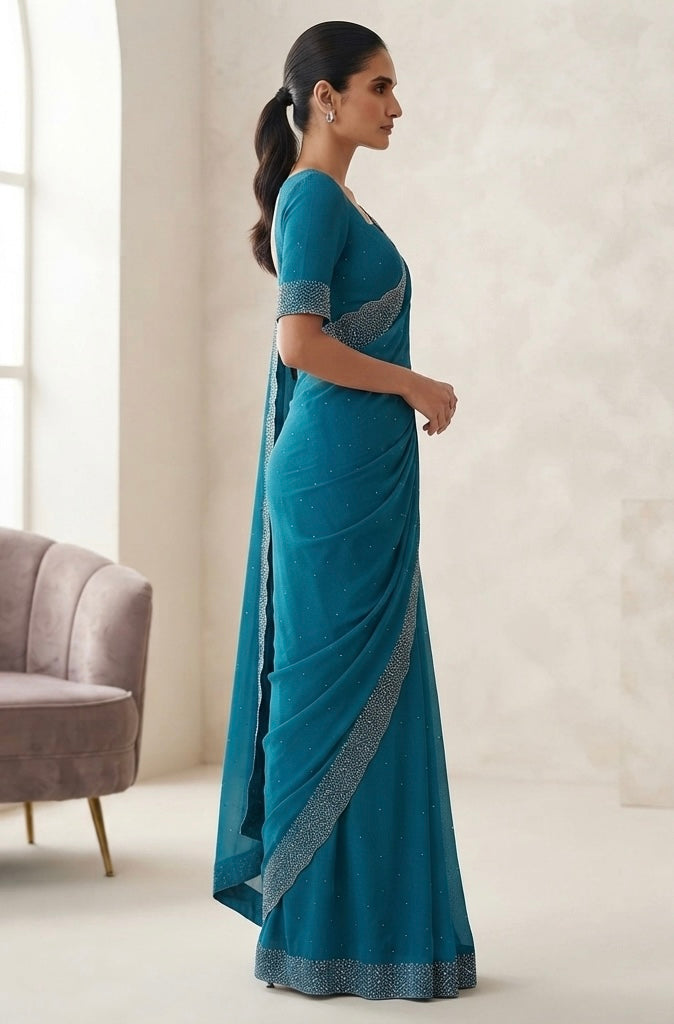 Heavy stone work space silk saree - teal blue