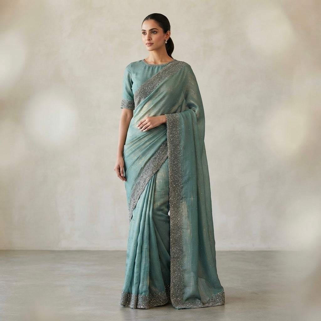 Heavy stone work space silk saree - ocean blue