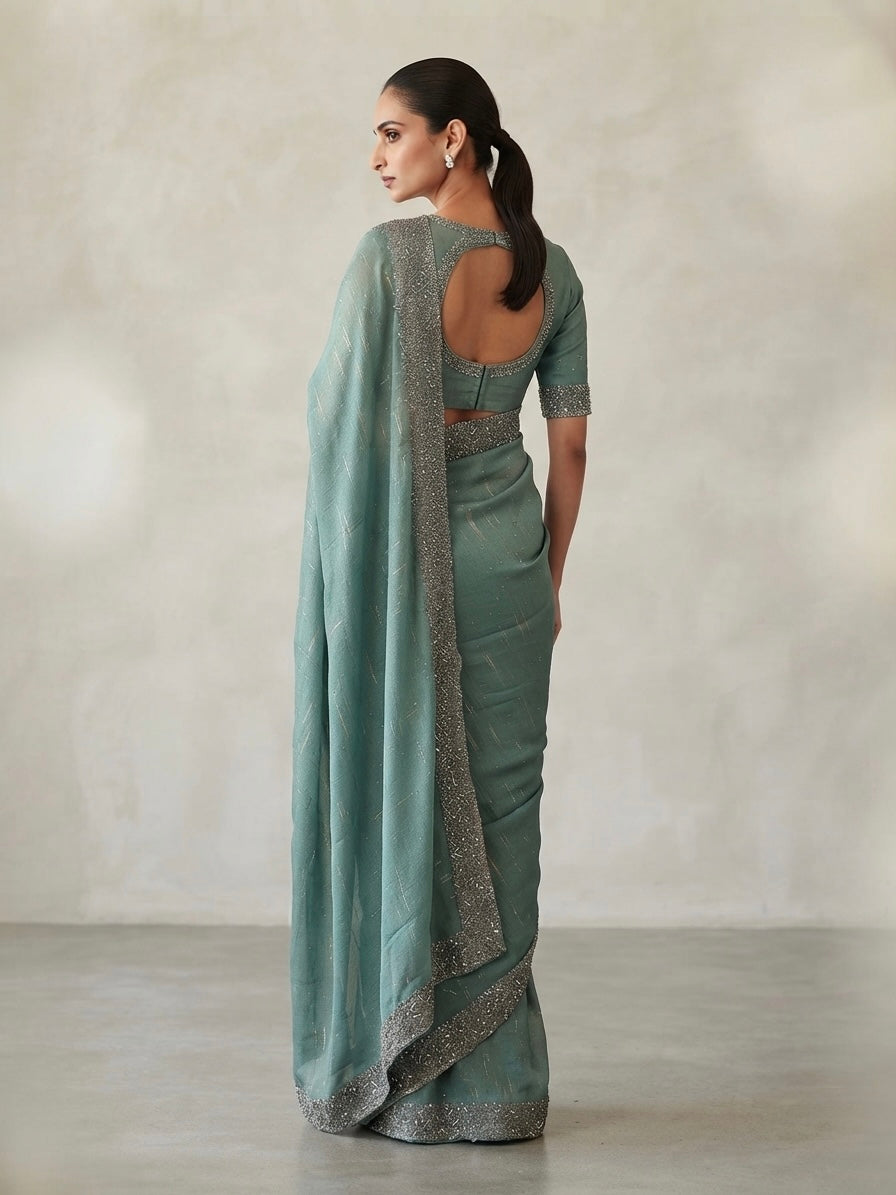 Heavy stone work space silk saree - ocean blue