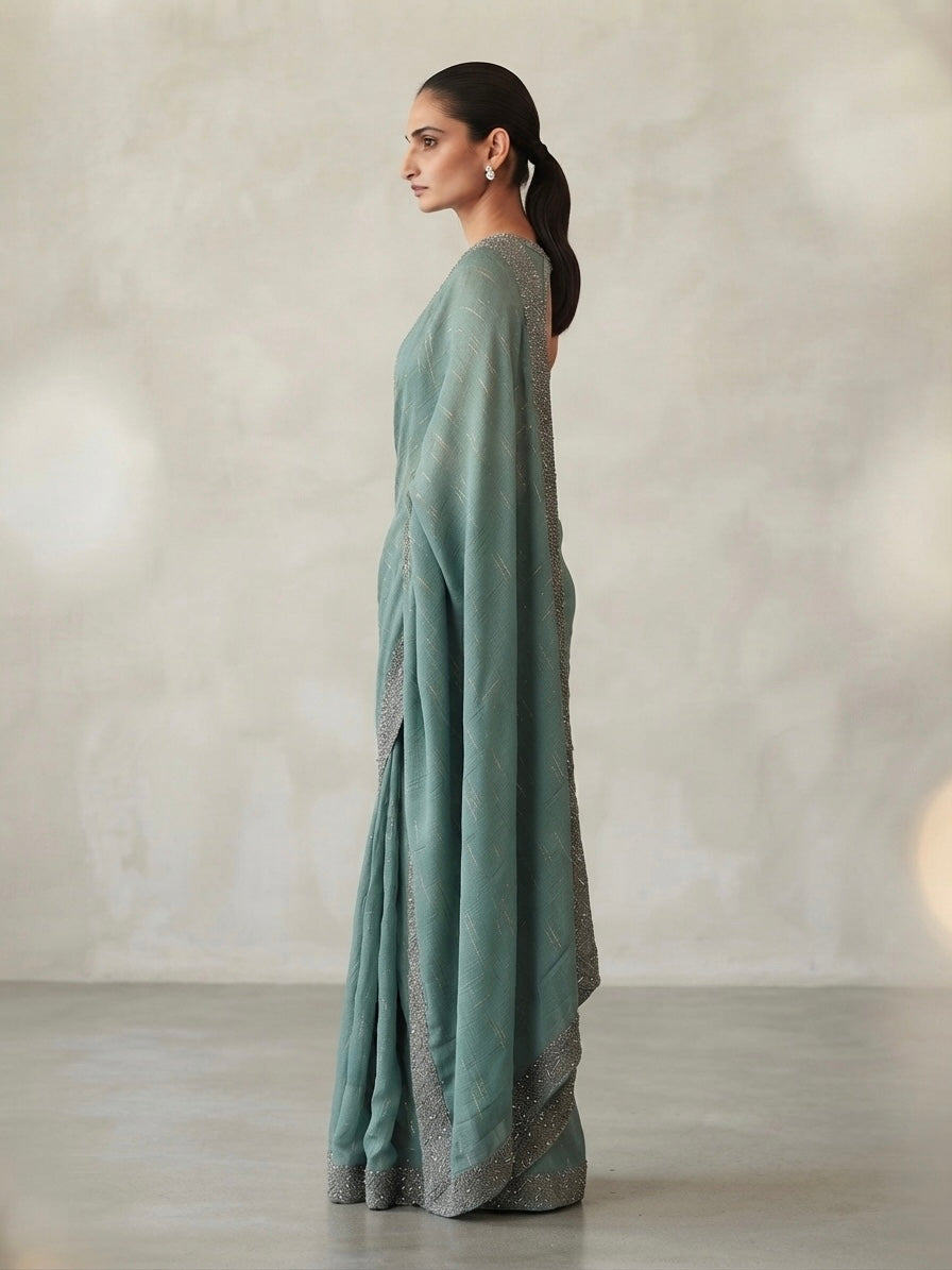 Heavy stone work space silk saree - ocean blue